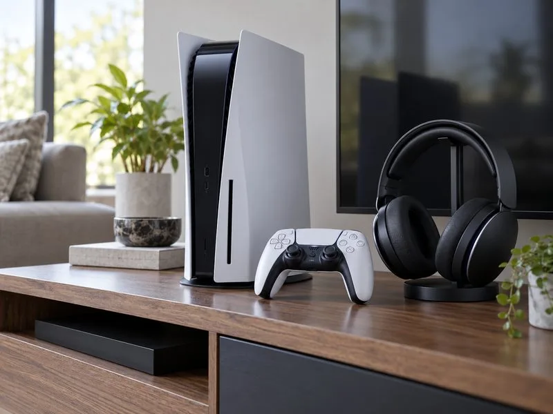 A white-and-black PS5-style console, wireless controller, and over-ear headset arranged on a living-room media shelf