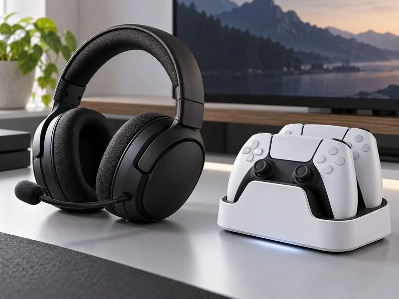 A black wireless gaming headset beside two white-and-black controllers in a charging dock on a desk