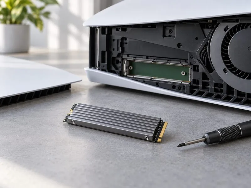 An M.2 NVMe SSD with a slim heatsink beside an open console expansion bay and a small screwdriver