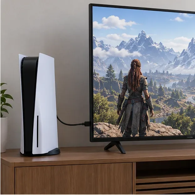 A PS5 console connected directly to a television with one HDMI cable.