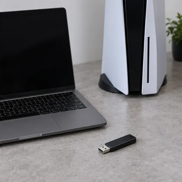 A USB flash drive beside a laptop and a powered-off PS5 console.