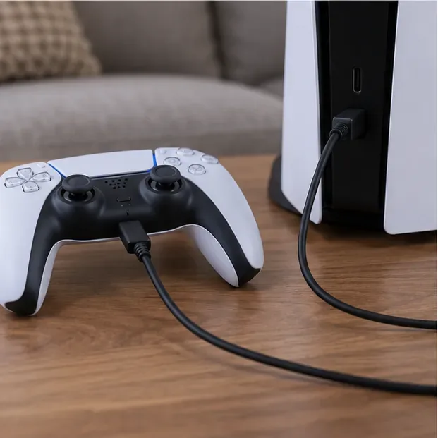 A DualSense controller connected to a PS5 console with a USB cable.