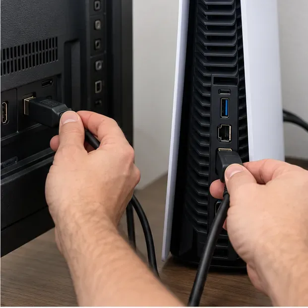 Hands checking HDMI cable connections at the ports on a screen and a PS5 console.