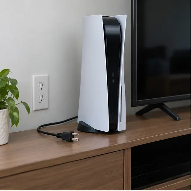 A powered-off PS5 console with its AC power plug disconnected and resting beside it.
