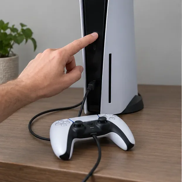 A hand at the power button of a PS5 beside a DualSense controller connected with a USB cable.
