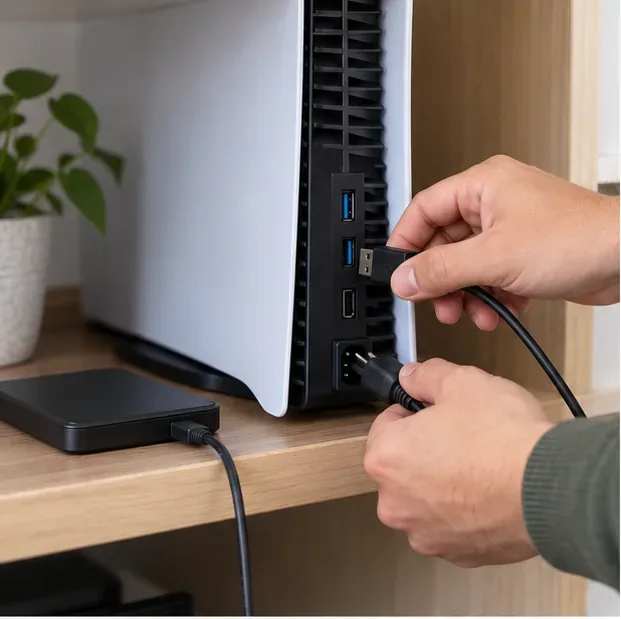 Hands disconnecting an external USB drive and power cable from a fully powered-off PS5 console.