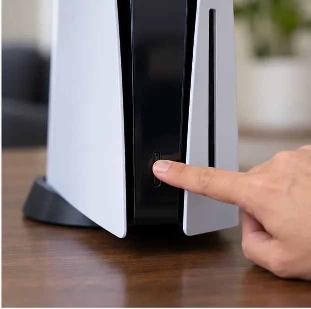 A finger pressing the power button on the front of a PS5 console to begin the Safe Mode startup sequence.