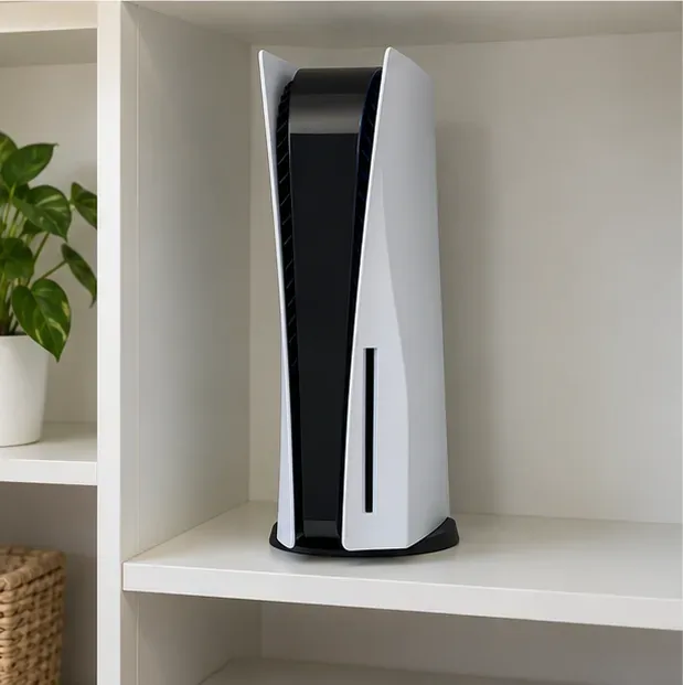A PS5 standing on an open shelf with clear space around the console and its ventilation openings.