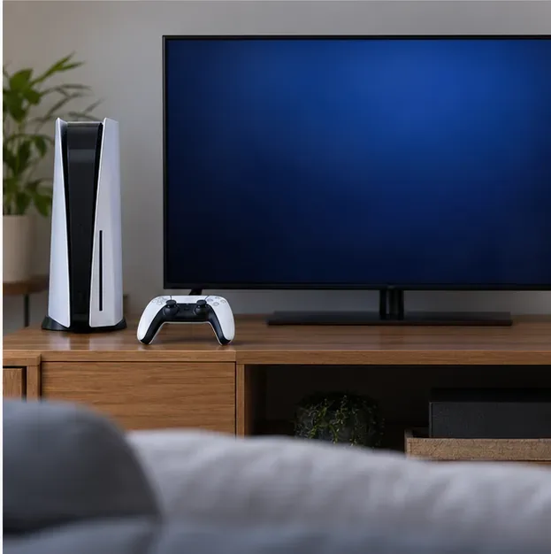 A PS5 console and controller beside a television with a blank blue screen, illustrating a display check when startup appears stuck.