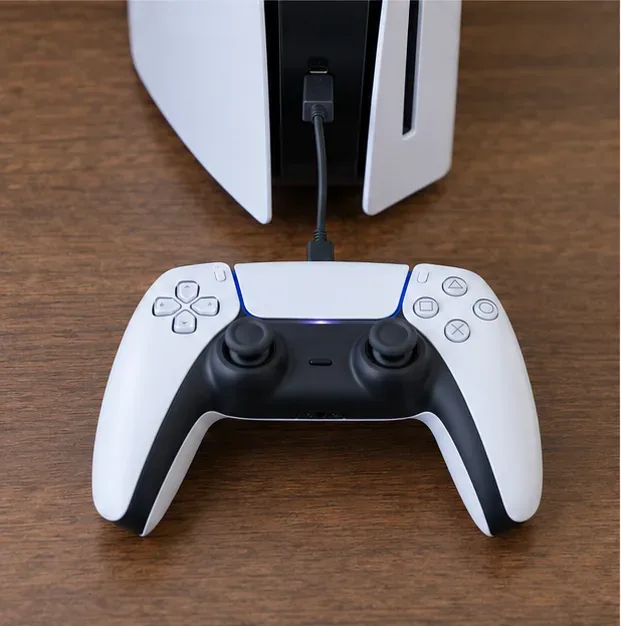 A DualSense-style controller connected directly to a PS5 console with a USB cable.