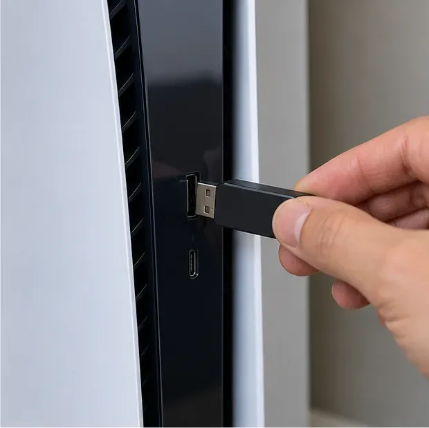 A USB flash drive being inserted directly into a PS5 console, without a USB hub.
