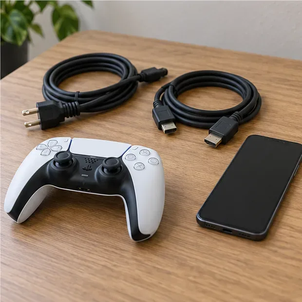 A PS5 controller, power and HDMI cables, and a phone arranged on a work surface before contacting repair support.