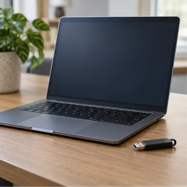 A laptop and a USB flash drive on a desk, representing preparation of the official PS5 system-software file.
