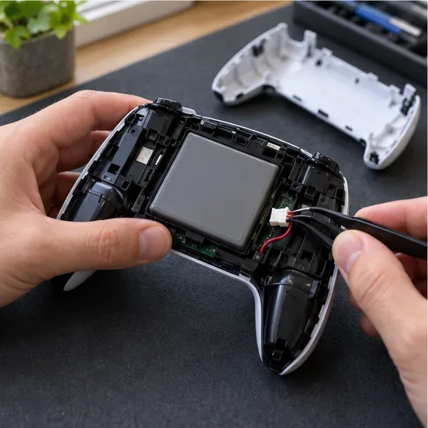 Um controle DualSense aberto com a bateria apoiada enquanto uma pinça segura seu conector.