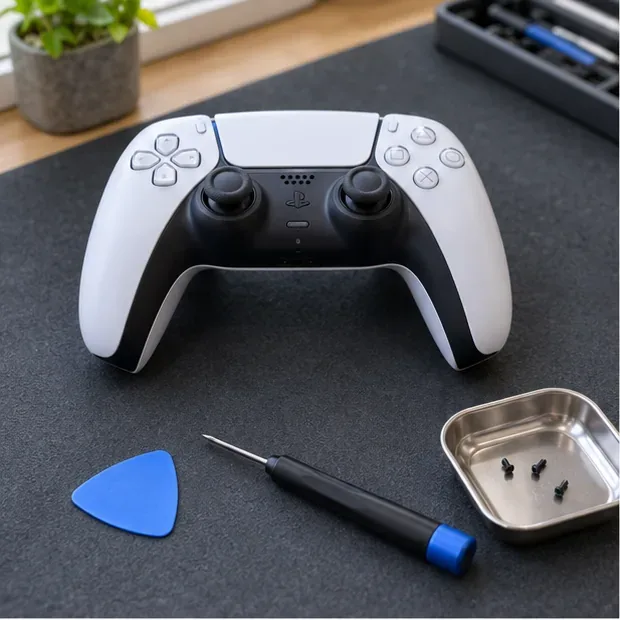 Um controle DualSense desligado ao lado de uma palheta de plástico, uma chave de fenda de precisão e uma bandeja de parafusos.