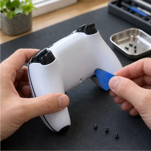 Uma palheta de plástico abre delicadamente a costura traseira de um controle DualSense.