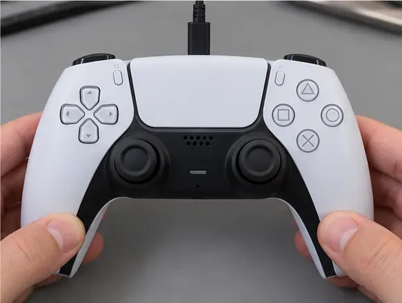 Controle DualSense remontado, visto de frente, com um cabo USB-C conectado na borda superior.