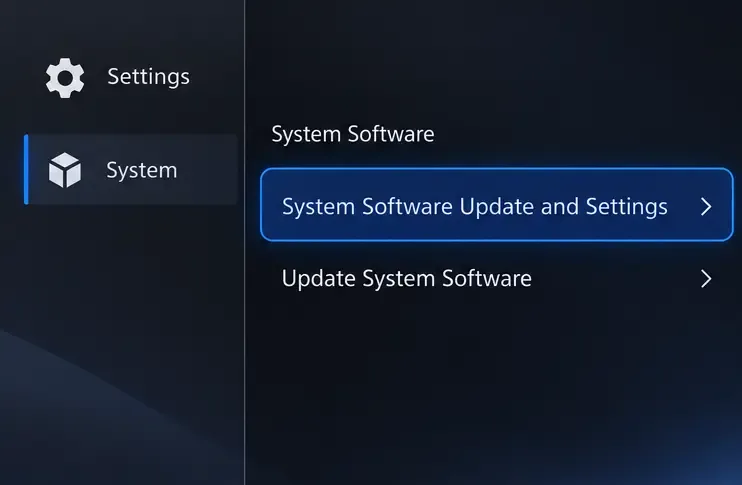 PS5 Settings illustration showing System Software Update and Settings selected under System Software.