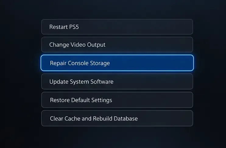 Safe Mode menu illustration with Repair Console Storage highlighted as option 3.