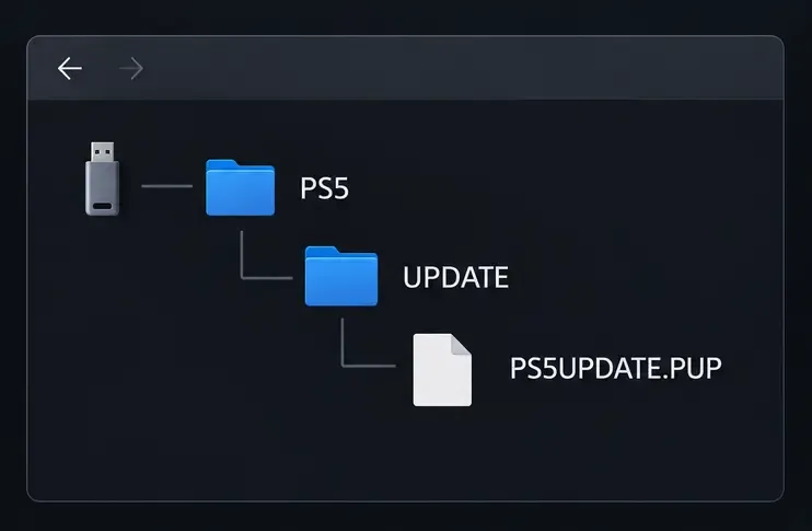 USB folder illustration showing PS5, then UPDATE, then the file PS5UPDATE.PUP.