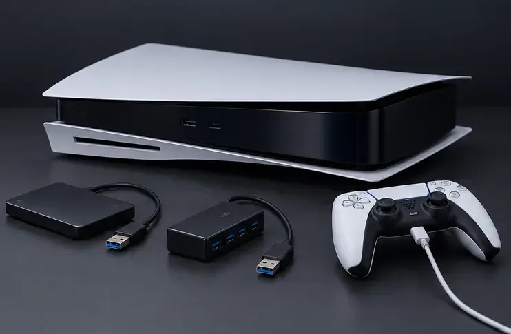 A powered-off PS5 beside disconnected external USB storage and a hub, with a controller connected by USB cable.