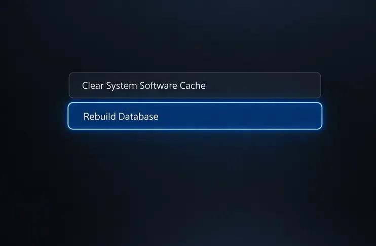 Safe Mode submenu illustration with Rebuild Database highlighted below Clear System Software Cache.