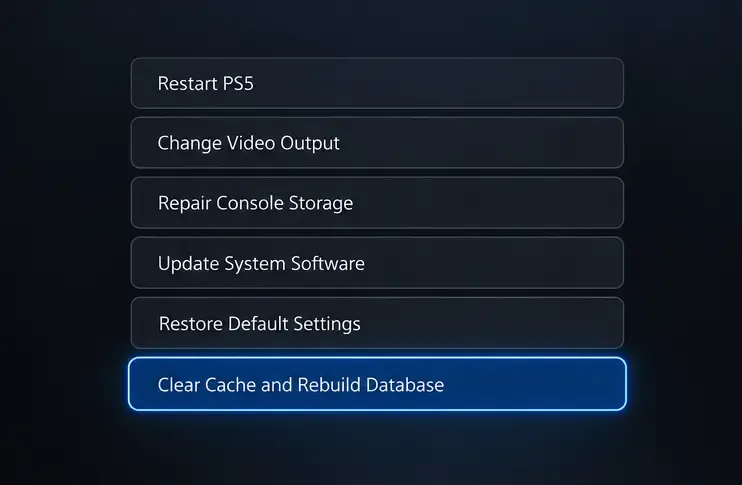 Safe Mode menu illustration with Clear Cache and Rebuild Database highlighted as option 6.