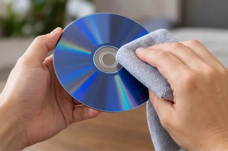 Hands hold a Blu-ray disc by its edges while a microfiber cloth wipes from the center outward.