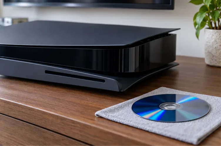 An ejected Blu-ray disc rests on a clean cloth beside a PS5-style console.