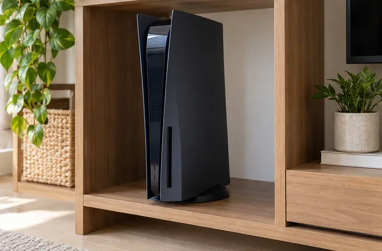 A PS5-style console stands securely in an open shelf with clear space around its vents.