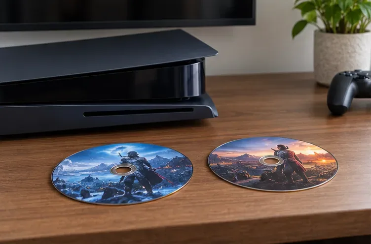 Two clean Blu-ray game discs sit separately beside a PS5-style console for a one-at-a-time comparison.
