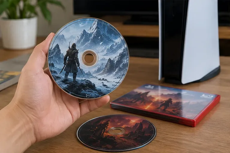 มือข้างหนึ่งถือแผ่นเกมแผ่นที่สองวางอยู่ข้างเครื่อง PS5 โดยมีแผ่นเกมและกล่องอีกสองชุดวางอยู่บนโต๊ะ
