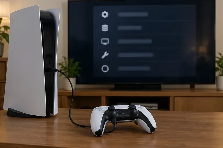 เครื่อง PS5 วางอยู่ข้างจอยที่เชื่อมต่อผ่าน USB โดยมีเมนูระบบสีดำปรากฏอยู่บนโทรทัศน์ในฉากหลัง
