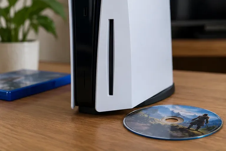 เครื่องเล่นเกม PS5 ที่มีช่องใส่แผ่นดิสก์มองเห็นได้ชัดเจน วางอยู่ข้างแผ่นเกมบลูเรย์บนโต๊ะ