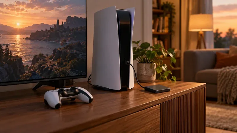 Um console estilo PS5 conectado a um SSD externo compacto em uma configuração de jogos para sala de estar.
