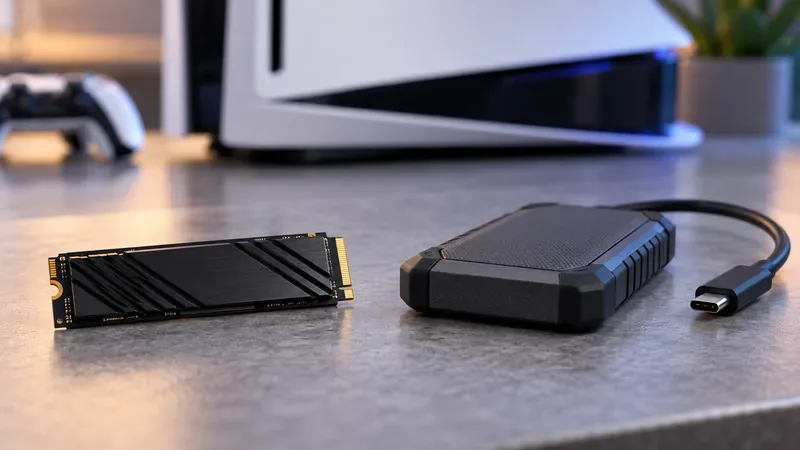 Um SSD M.2 com dissipador de calor ao lado de um SSD USB externo portátil, com um console estilo PS5 ao fundo.