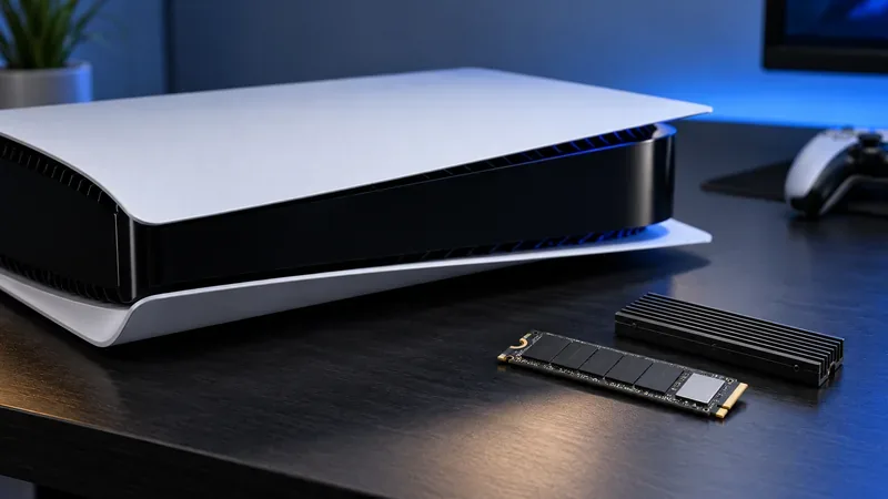 Um console no estilo PS5 ao lado de um SSD M.2 NVMe e seu dissipador de calor separado.
