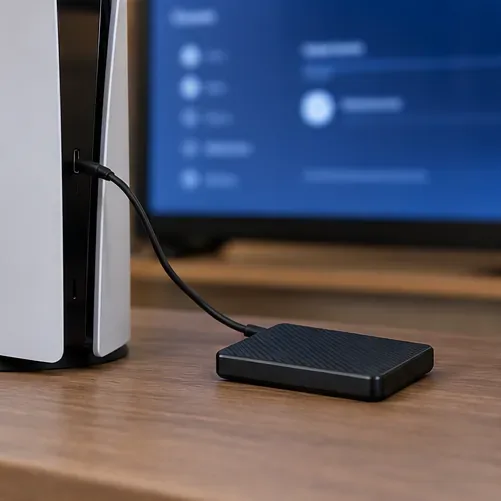 แสดงภาพ SSD ภายนอกที่เชื่อมต่อกับ PS5 ในขณะที่หน้าจอการตั้งค่าพื้นที่จัดเก็บข้อมูลเปิดอยู่เบื้องหลัง