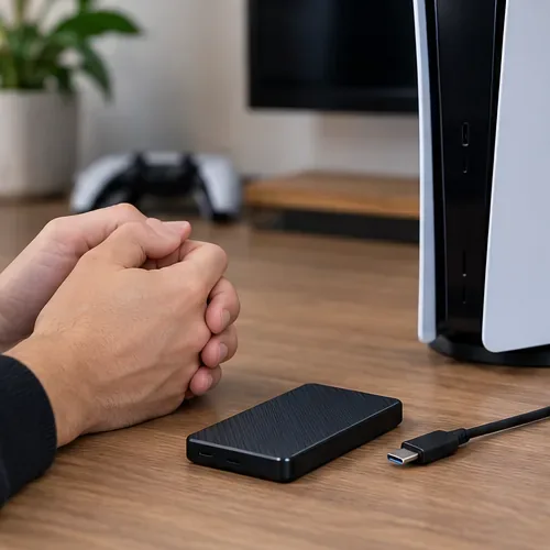 เครื่อง PS5 ที่ปิดเครื่องอยู่ข้างๆ SSD ภายนอกและสาย USB ที่ไม่ได้เสียบปลั๊ก