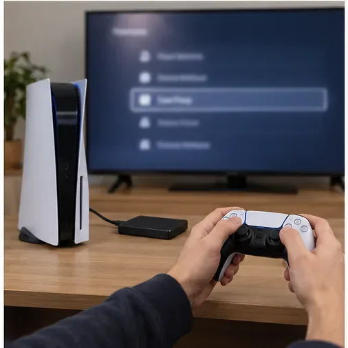 ผู้เล่นกำลังใช้จอย PS5 ในขณะที่ไดรฟ์ภายนอกยังคงเชื่อมต่ออยู่และเมนูจัดเก็บข้อมูลเปิดอยู่