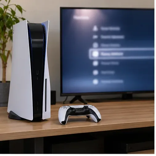 เครื่อง PS5 และจอยควบคุมวางอยู่ด้านหน้าจอการตั้งค่าระบบที่เบลอเล็กน้อย
