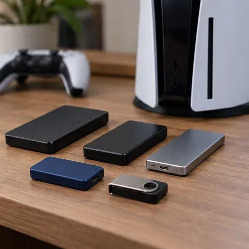 มีการวางอุปกรณ์ USB แบบพกพาหลายตัวเรียงไว้ข้างๆ เครื่อง PS5 เพื่อตรวจสอบความเข้ากันได้