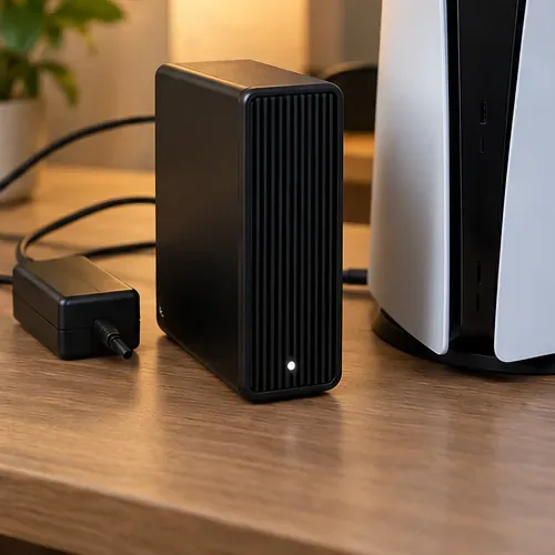 ฮาร์ดไดรฟ์ภายนอกแบบตั้งโต๊ะพร้อมอะแดปเตอร์ AC วางอยู่ข้างเครื่อง PS5