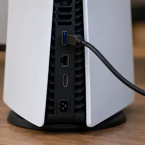 ไดรฟ์ภายนอกที่เชื่อมต่อกับพอร์ต USB-A SuperSpeed สีน้ำเงินด้านหลังของ PS5