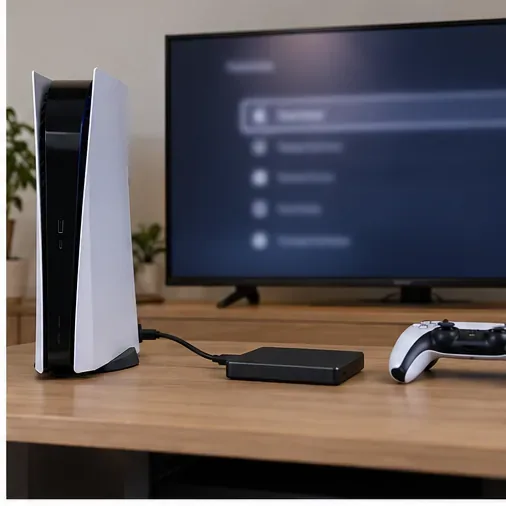 เครื่อง PS5 ที่มี SSD ภายนอก และเมนูการบำรุงรักษาที่เบลอเล็กน้อยบนหน้าจอทีวี