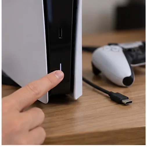 มือข้างหนึ่งกำลังกดปุ่มเปิดปิดเครื่อง PS5 เพื่อเริ่มการแก้ไขปัญหาในโหมดปลอดภัย