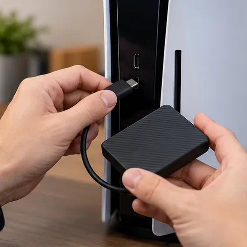 สาย USB ที่เชื่อมต่อระหว่าง PS5 กับฮาร์ดไดรฟ์ภายนอกอย่างแน่นหนา