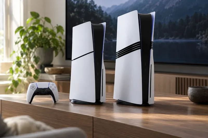 A standard slim PS5 and a PS5 Pro stand side by side on a media console, with a DualSense controller in front