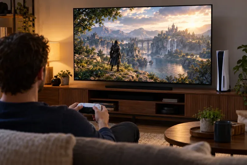 A player uses a DualSense controller while a large television displays a detailed fantasy landscape in a living room