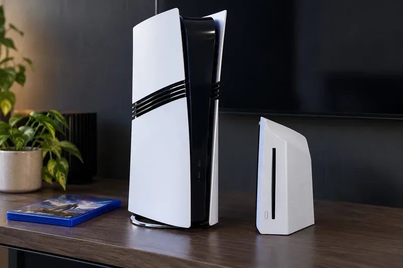 A white PS5 Pro console sits beside a separate white disc-drive module and a blue game case